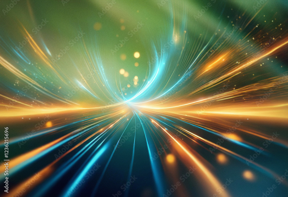Poster abstract sci-fi double exposure background. vibrant streaks of blue and orange light converge toward