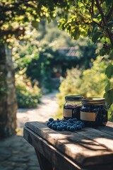jars of blueberry jam. Selective focus