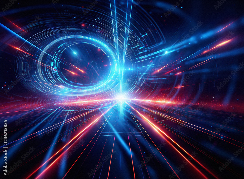 Poster abstract sci-fi double exposure background. dynamic red and blue light trails converge on a vanishin