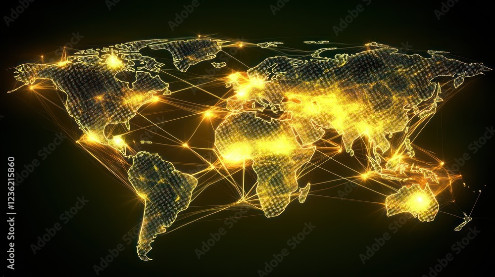 Poster global connections with glowing nodes and interlinking lines on world map