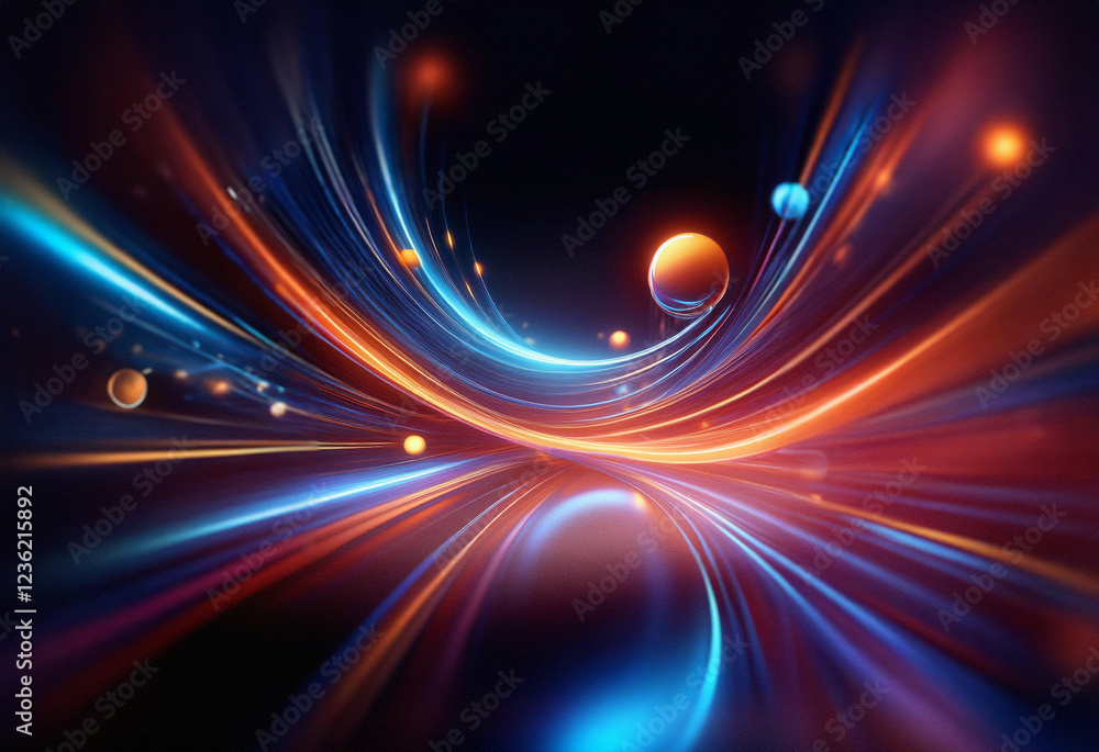Poster abstract sci-fi double exposure artwork. glowing streaks of light and vibrant orbs create a dynamic,