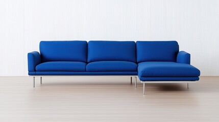 Fototapeta premium Modern Blue Sectional Sofa on Light Wood Floor