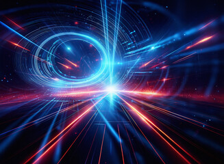 Fototapeta premium Abstract sci-fi double exposure background. Dynamic red and blue light trails converge on a vanishing point, creating a sense of futuristic speed and energy.