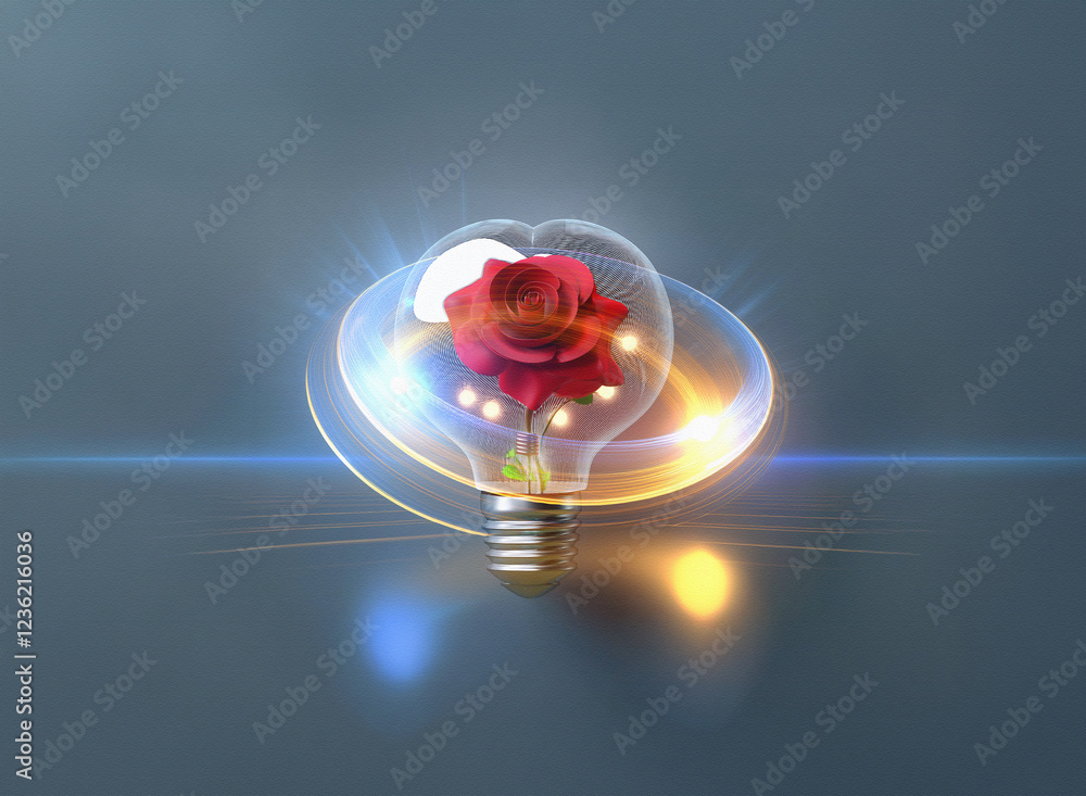 Poster abstract sci-fi double exposure image of a red rose inside a glowing lightbulb against a dark backgr