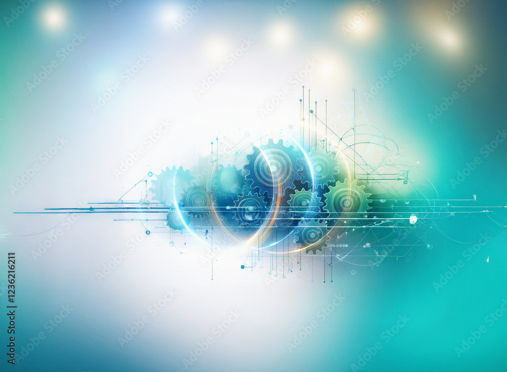 Poster abstract sci-fi double exposure background featuring swirling gears and technological elements. a fu