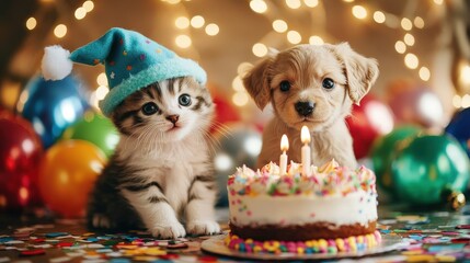 Fototapeta premium cat and dog near the cake. Selective focus