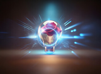 Abstract sci-fi double exposure image. A glowing light bulb contains a rose, radiating energy...