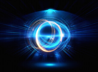 Abstract sci-fi background featuring a glowing, double exposure circular light effect.  Dynamic energy and futuristic technology are visually represented.