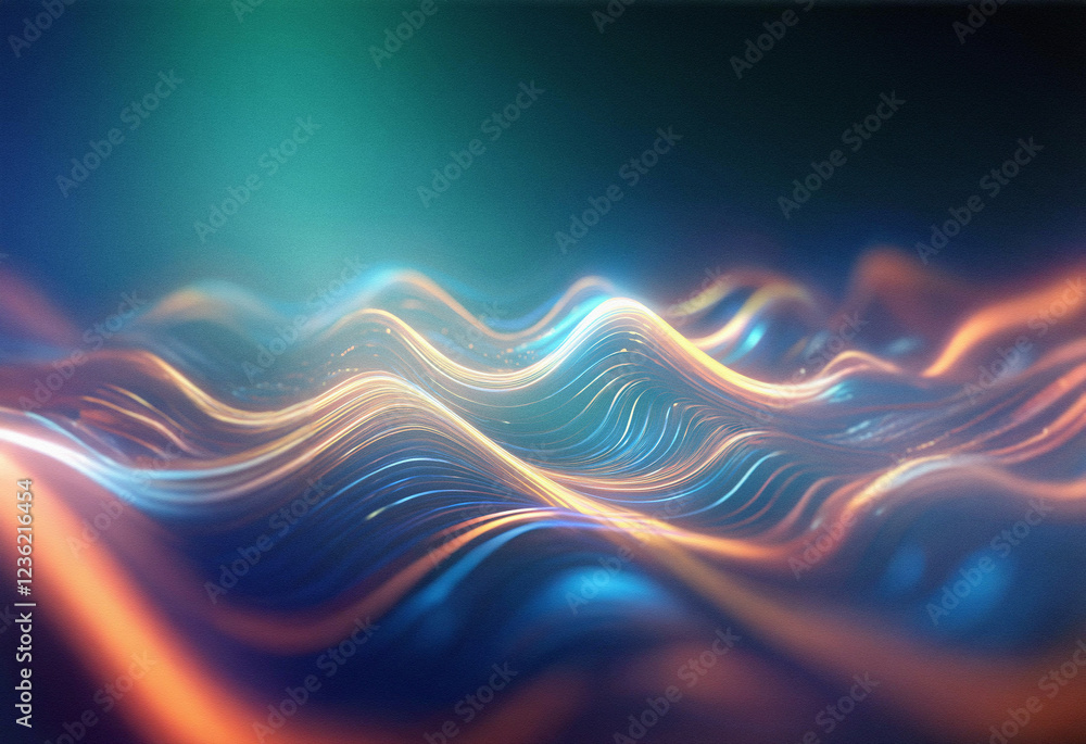 Poster abstract sci-fi background featuring a double exposure effect. glowing, undulating lines create a wa