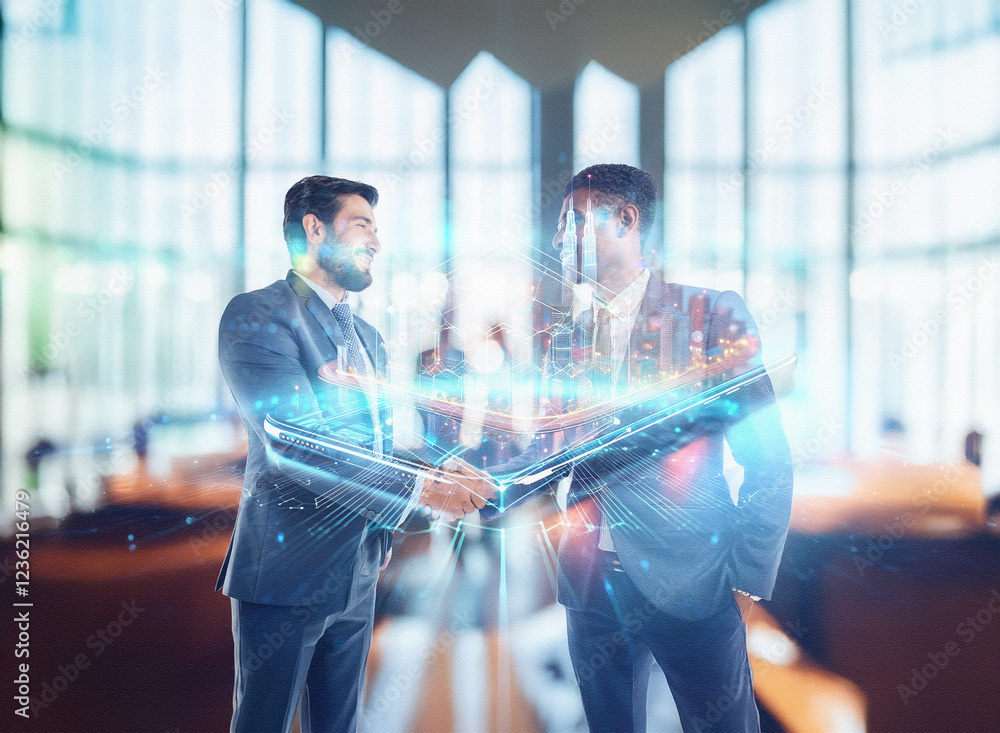 Poster abstract double exposure image depicting a sci-fi handshake between two businessmen against a blurre