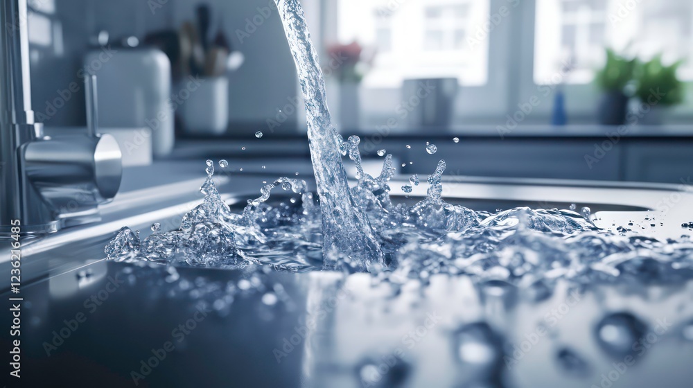 Poster water flowing from a kitchen faucet into a sink, creating splashes and droplets.