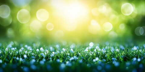 Obraz premium Dreamy Bokeh Background With Lush Green Grass And Blue Flowers, Sunlight And Vibrant Colors