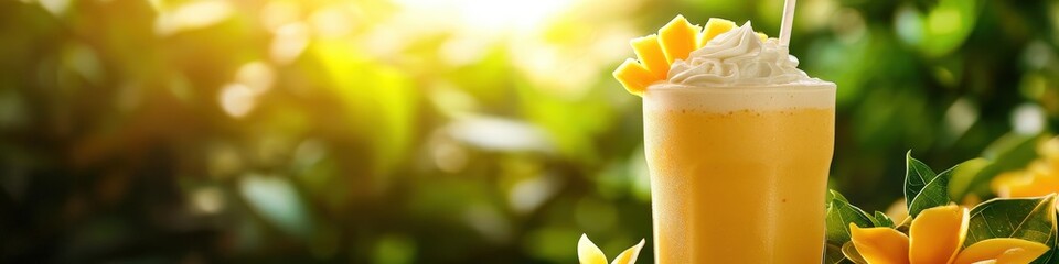 Mango milkshake on a background of tropical leaves. Selective focus