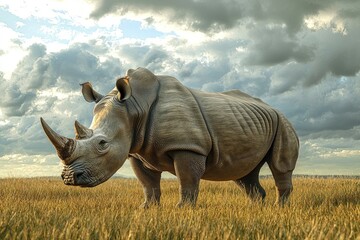Fototapeta premium A lone white rhinoceros stands in a grassy field