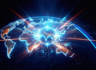 Abstract sci-fi double exposure image depicting a glowing world map, radiating energy.  A futuristic, digital background. © YiuCheung