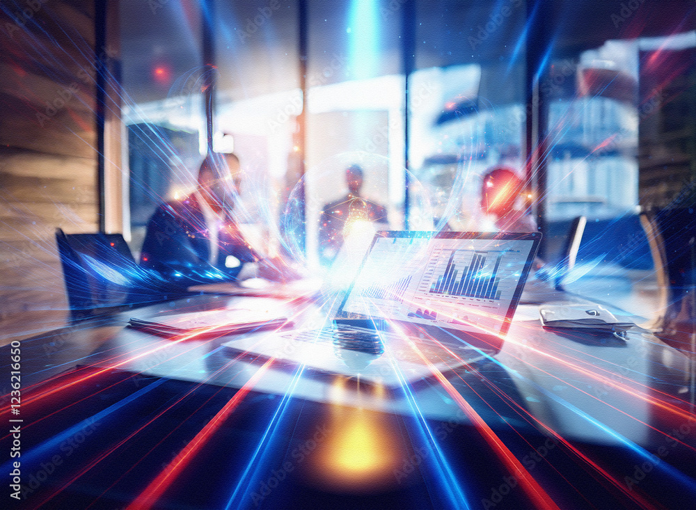 Poster Abstract sci-fi double exposure image depicting a business meeting with futuristic data streams and light trails emanating from laptops, creating a dynamic and energetic background.