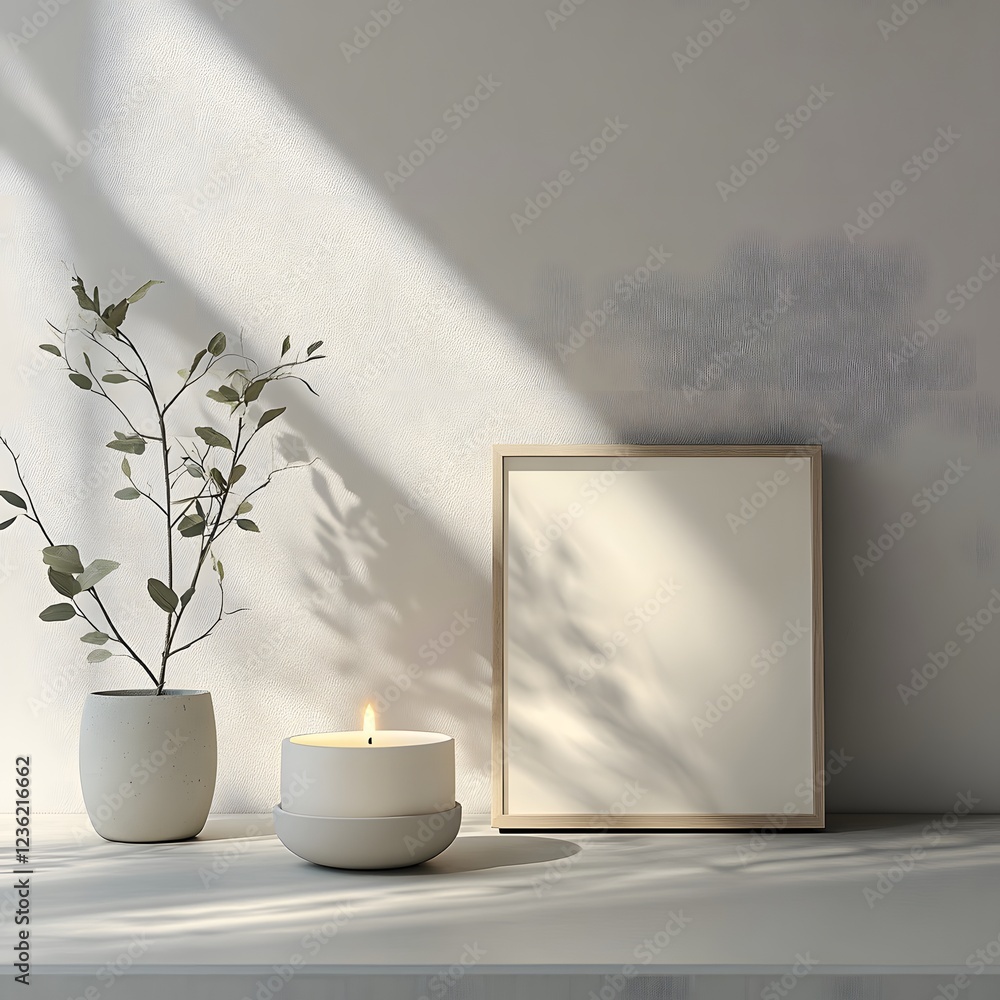 Poster minimalist mock up frame resting a clean white wall with subtle decor elements such as a single cand