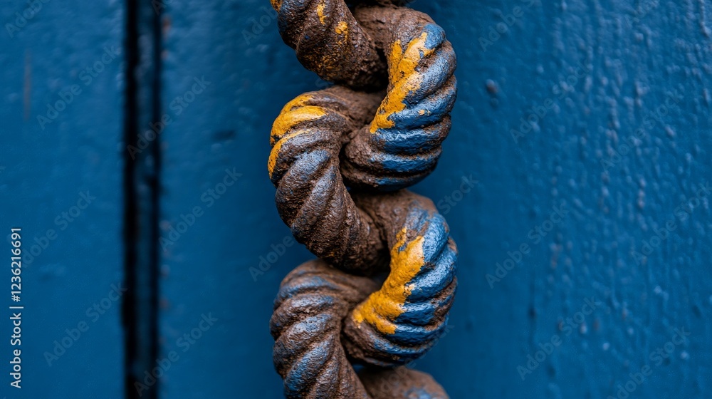 Poster rustic chain detail: a close-up view of a weathered, rusty chain painted with a bold, yellow stripe.