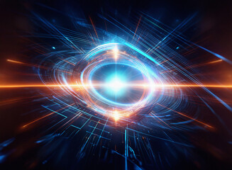 Fototapeta premium Abstract sci-fi double exposure background. Glowing energy swirls and intersecting lines create a futuristic, dynamic scene. Bright light at the center.