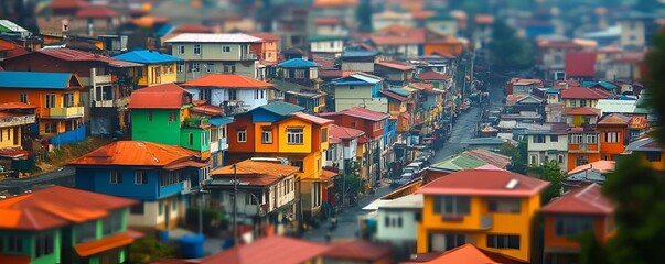 Naklejka premium A dense urban neighborhood with colorful houses and tightly packed streets