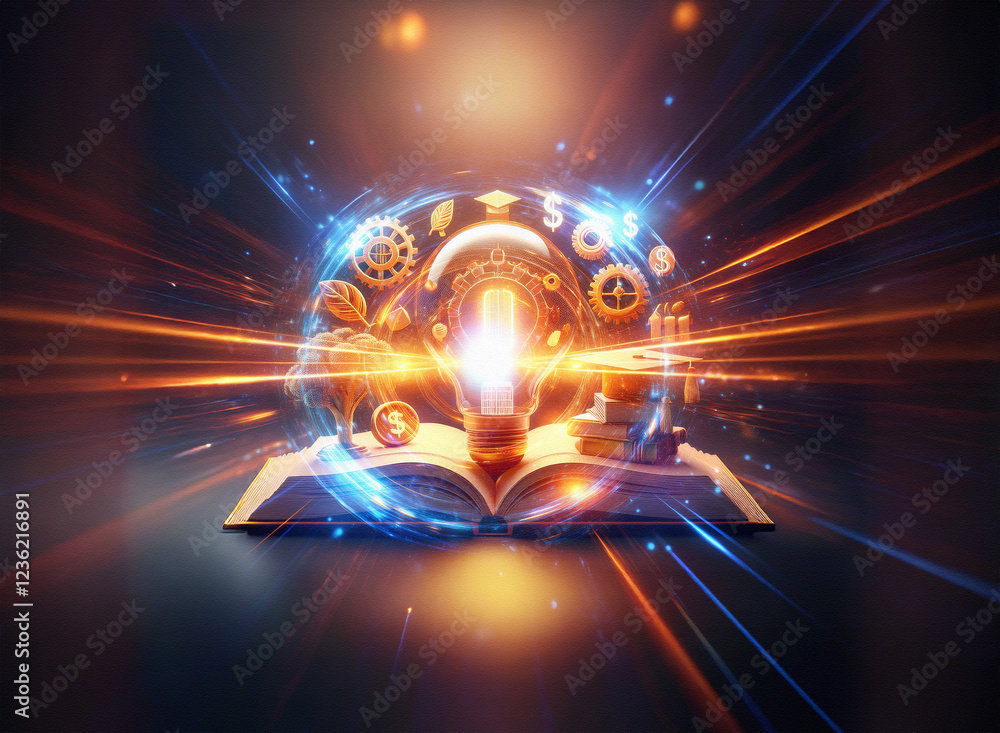 Aufkleber abstract sci-fi double exposure image. glowing lightbulb bursts from open book, surrounded by swirli