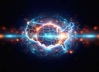 Abstract sci-fi double exposure image of the United States map, glowing with energy, set against a dark, swirling background.