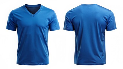 Blank V-neck tshirt for men template, blue color shirt on white 