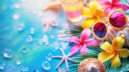 Fototapeta premium A colorful summer banner with tropical patterns and fun typography for a beach party.
