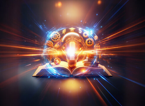 Abstract sci-fi double exposure image. Glowing lightbulb bursts from open book, surrounded by swirling gears and symbols against a dark background.  Bright streaks of light radiate outwards.