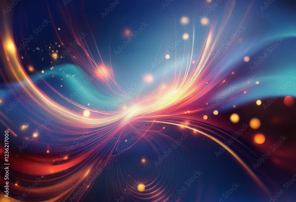 Poster Abstract sci-fi double exposure background image. Vibrant, swirling light trails and glowing particles create a dynamic, otherworldly scene.