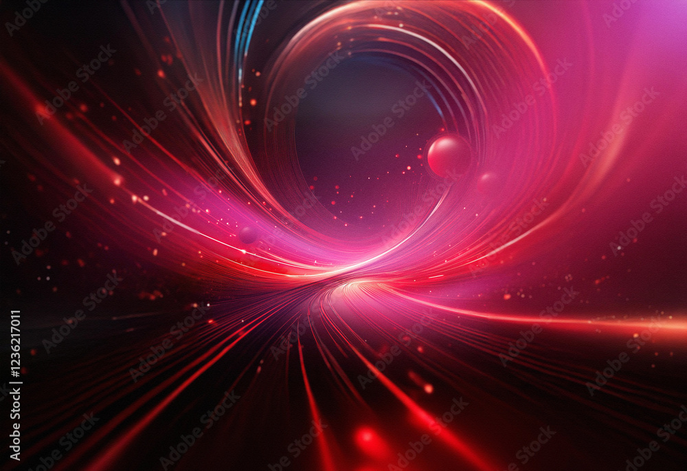 Poster Abstract sci-fi double exposure background. Swirling red and pink light streaks create a dynamic, cosmic tunnel effect.  Glowing particles add depth.