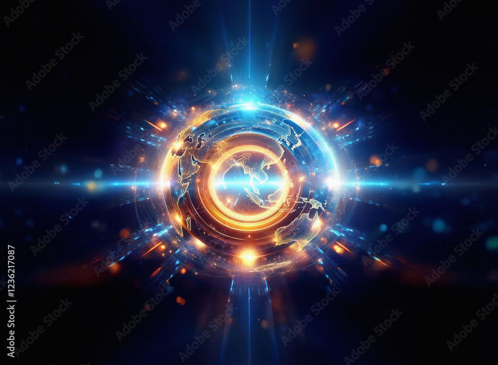Poster abstract sci-fi background featuring a glowing orb, created with a double exposure effect. intricate