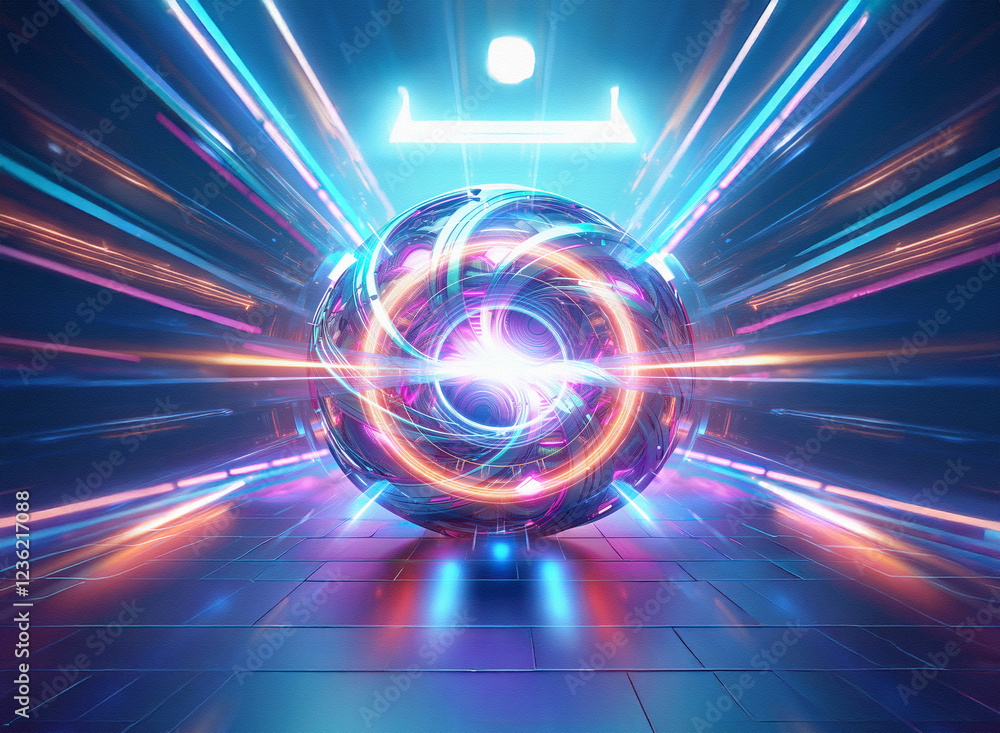 Poster abstract sci-fi double exposure image. a glowing sphere sits in a futuristic, neon-lit corridor, rad