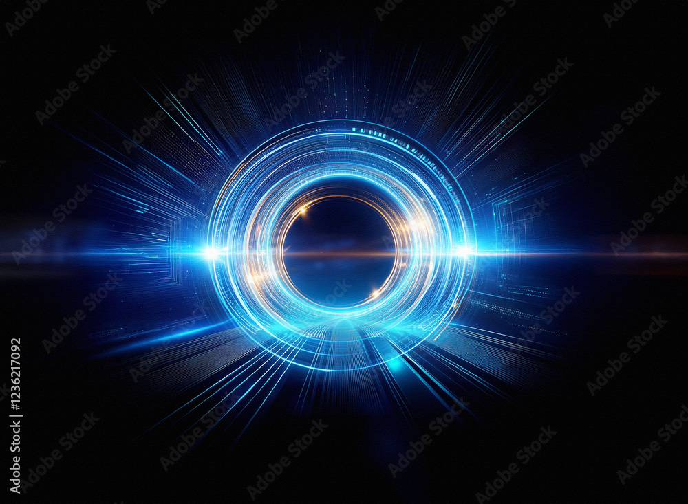 Poster Abstract sci-fi double exposure image featuring a glowing circular portal with streaks of light against a dark background.  Intriguing futuristic technology concept.
