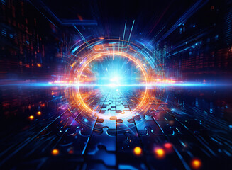Obraz premium A vibrant digital portal, glowing with orange and blue energy, sits atop a puzzle. It represents technological innovation and connection.