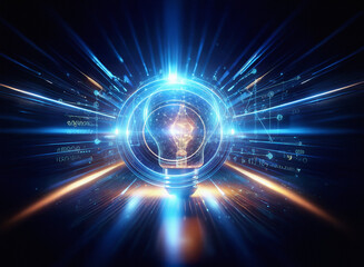 Abstract sci-fi background featuring a double exposure of a glowing lightbulb within a circular energy field, surrounded by streaks of light and digital data.