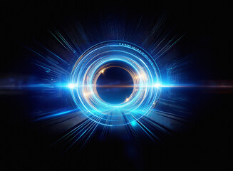 Abstract sci-fi double exposure image featuring a glowing circular portal with streaks of light...