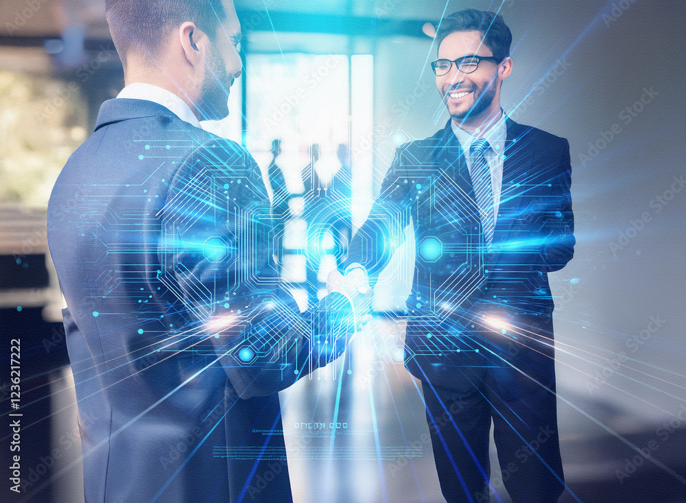 Poster abstract sci-fi double exposure image of two businessmen shaking hands, futuristic digital backgroun