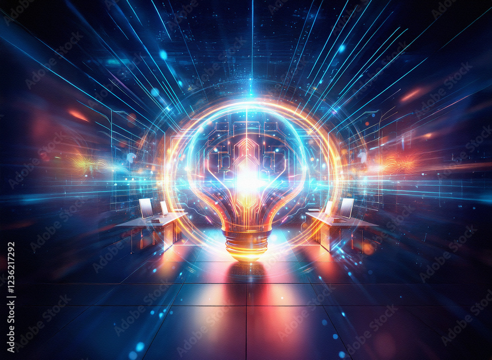 Poster abstract sci-fi double exposure image of a glowing lightbulb in a futuristic office background. ener