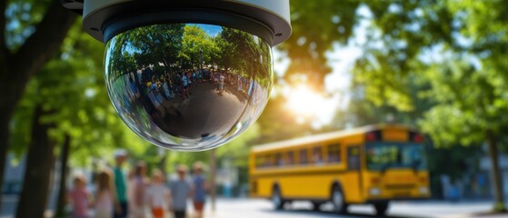 Security camera monitoring school bus arrival while children walk on street. Urban safety, transportation, and student protection in school zone with clear visibility.