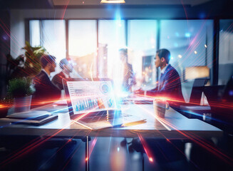 Abstract sci-fi double exposure image of a business meeting.  Bright light streaks and data visualizations overlay a modern office scene, suggesting technological advancement and future-forward thinki