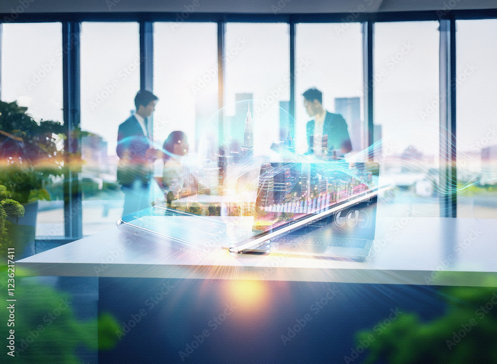 Poster abstract sci-fi double exposure image. a futuristic cityscape blends with businesspeople in a modern