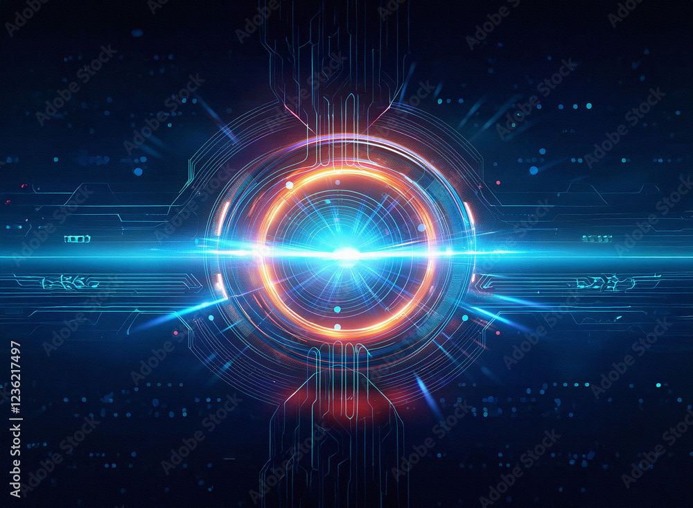 Aufkleber Abstract sci-fi background featuring a double exposure of a glowing circular mechanism, with bright blue and orange light streaks.  Complex circuitry patterns surround the central element.