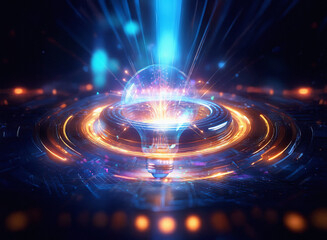 Abstract sci-fi double exposure image. Glowing orb rests on a circular platform, emitting bright energy beams against a dark background.  Surrounding it are concentric rings of light.