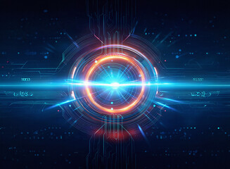 Fototapeta premium Abstract sci-fi background featuring a double exposure of a glowing circular mechanism, with bright blue and orange light streaks. Complex circuitry patterns surround the central element.