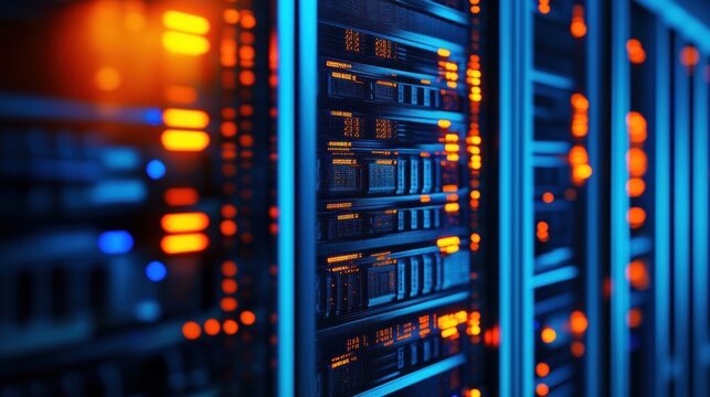 Server racks in data center showcasing modern technology for data storage, processing and security. High-speed internet connectivity and cloud computing infrastructure. - Powered by Adobe