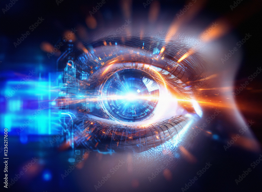 Poster Abstract sci-fi double exposure image of a glowing eye,  digital circuitry merging with the iris, creating a futuristic background.
