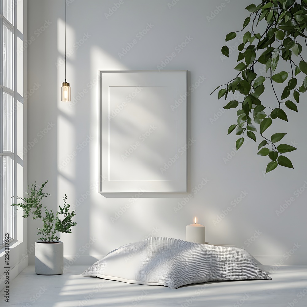 Poster minimalist mock up frame resting a clean white wall with subtle decor elements such as a single cand