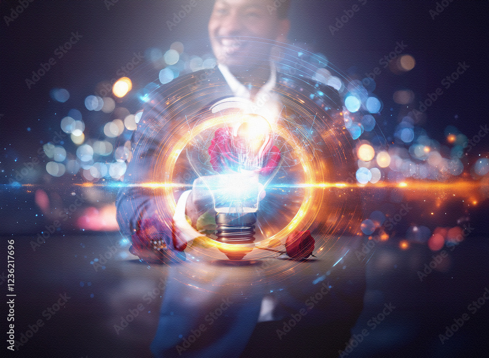 Poster abstract sci-fi double exposure image of a person holding a glowing lightbulb against a bokeh backgr