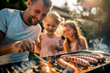Father and daughters enjoying a barbecue picnic